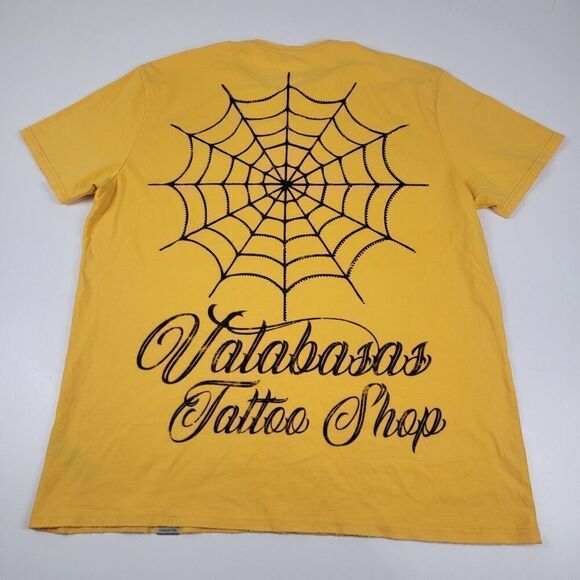 Valabasas Tattoo Shop Distressed Studded Tee T-Shirt Vintage Yellow Size XL Y2K - Picture 10 of 13